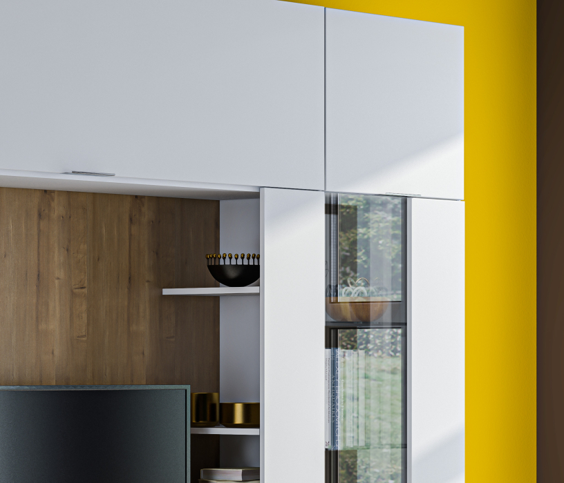 Стенки для гостиной, Мальта СБ-3265 Стенка с пеналом и витриной Белый,Дуб Гамильтон/МДФ Белый