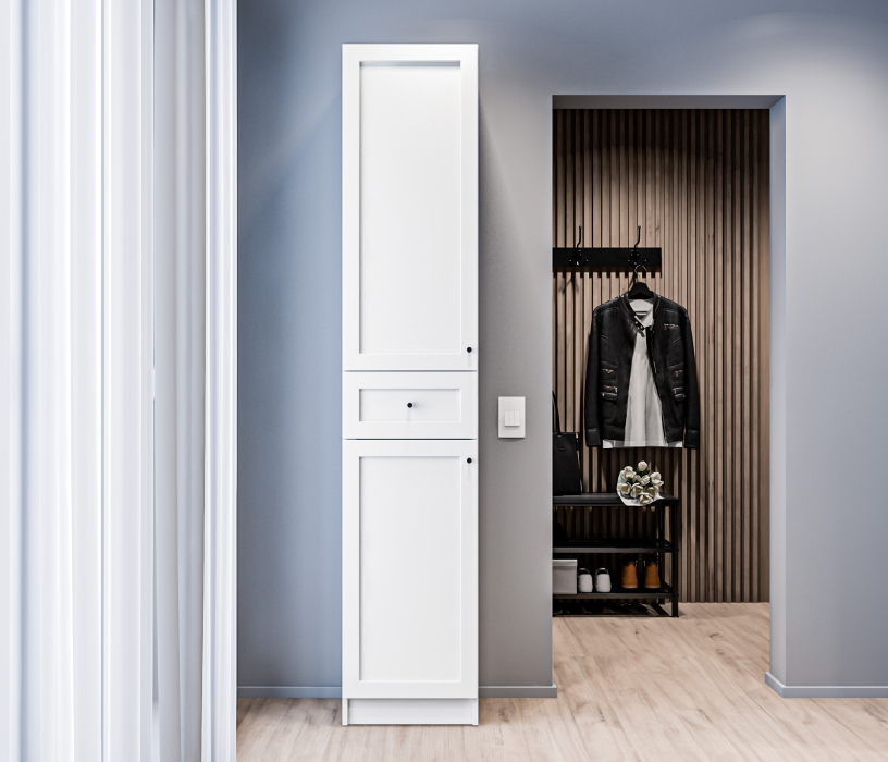 Прямые, Стеллаж Твин СБ-3372 Белый с глухим фасадом и ящиком