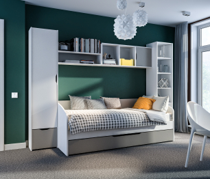 Mika / Мика детская Белый/Серый (пенал, стеллаж, полки, кровать с основанием и ящиком)