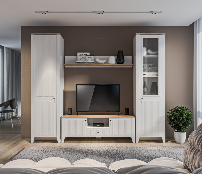 Стенки для гостиной, Набор для гостиной Монтана Белый Альпийский,Дуб Гамильтон/МДФ Дуб Белый