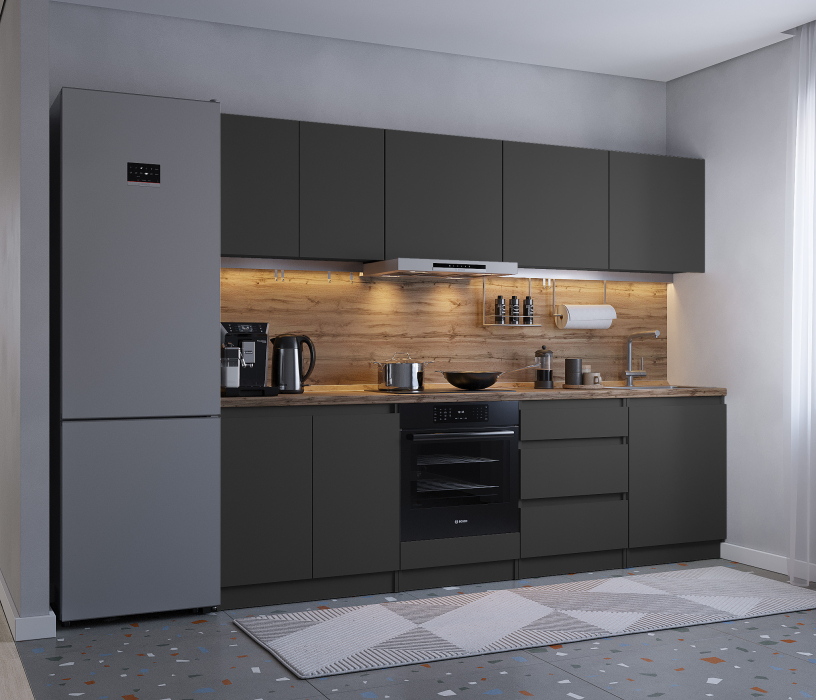 Кухонные гарнитуры, Кухонный гарнитур Леон прямой 260 см, диамант серый