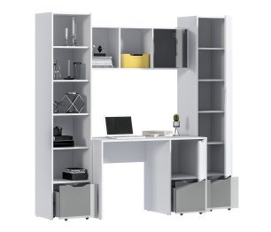 Mika / Мика домашний кабинет Белый/Серый (пенал, стеллаж, стол, полка)