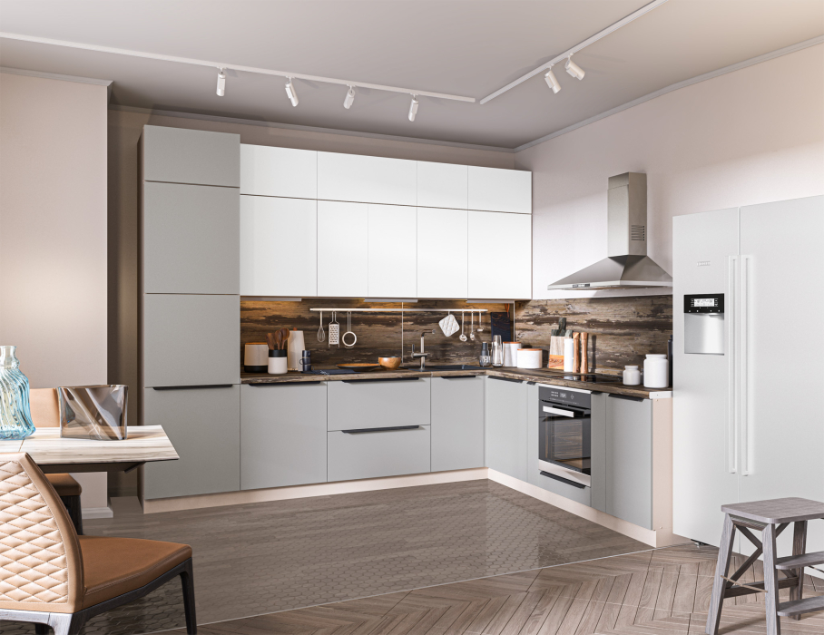 Кухонные гарнитуры, Кухонный гарнитур Регина Белый/Белла Серый перламутровый, Белый Альпийский 3х2,5 м