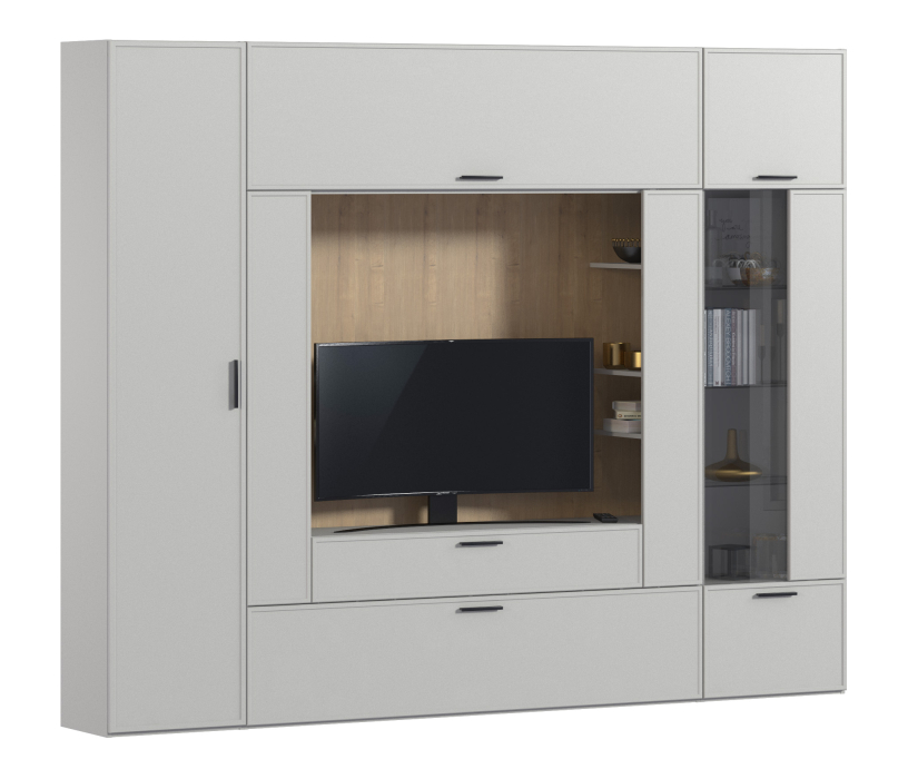 Стенки для гостиной, Стенка с пеналом и витриной Милан СБ-3265 Серый/МДФ Светло серый