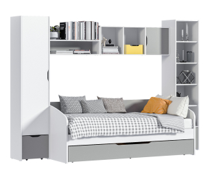 Mika / Мика детская Белый/Серый (пенал, стеллаж, полки, кровать с основанием и ящиком)