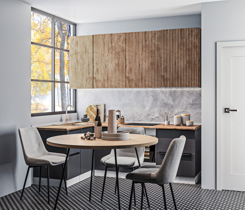 Кухонные гарнитуры, Кухонный гарнитур Регина Белый/Лофт Диамант серый, МДФ Джаз Акация светлая 2,25х1,4 м