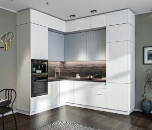 Кухонный гарнитур угловой Регина Белый / Белла Белый Альпийский/МДФ Джаз Светло-серый 2 м*2,6 м
