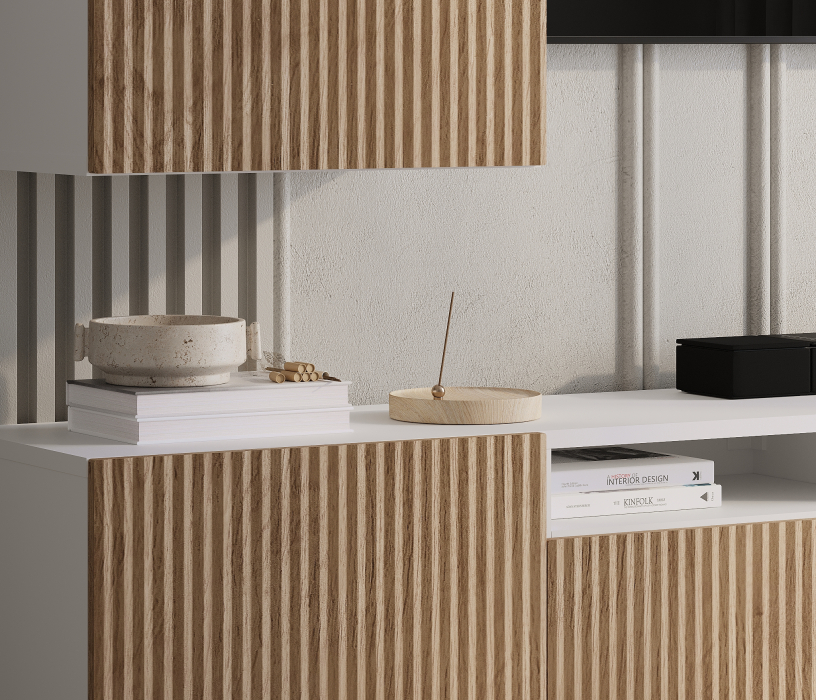 Стенки для гостиной, Гостиная Тренд Белый/МДФ Джаз Акация светлая