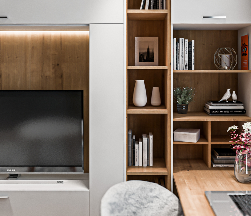 Стенки для гостиной, Мальта гостиная с рабочим столом Белый, Дуб Гамильтон/МДФ Белый