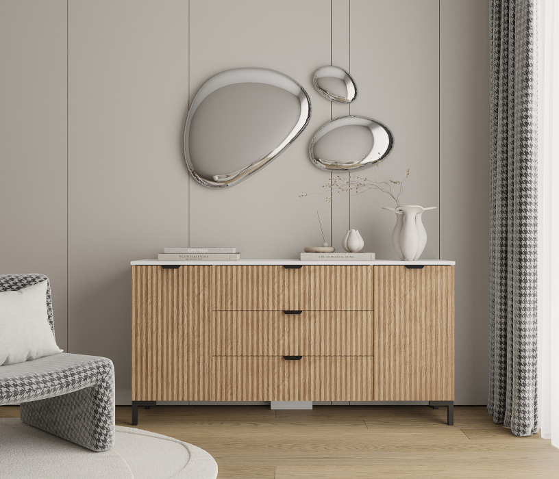 Комоды, Комод Тренд СБ-3443 3 ящика, 2 двери Белый/МДФ Джаз Акация светлая