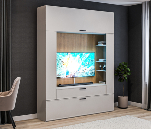 Стенка с пеналом и витриной Милан СБ-3265 Серый/МДФ Светло серый