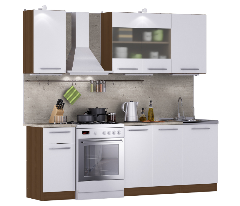 Кухонные гарнитуры, Кухонный гарнитур Элен 2,3 м (2,2 м) Вишня Мадера/Белый глянец ПОД КЛЮЧ (полный комплект)