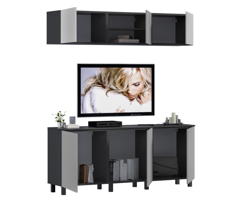 Стенки для гостиной, Гостиная (стенка) 3 на ножках Тренд Диамант серый / МДФ Джаз Светло-серый