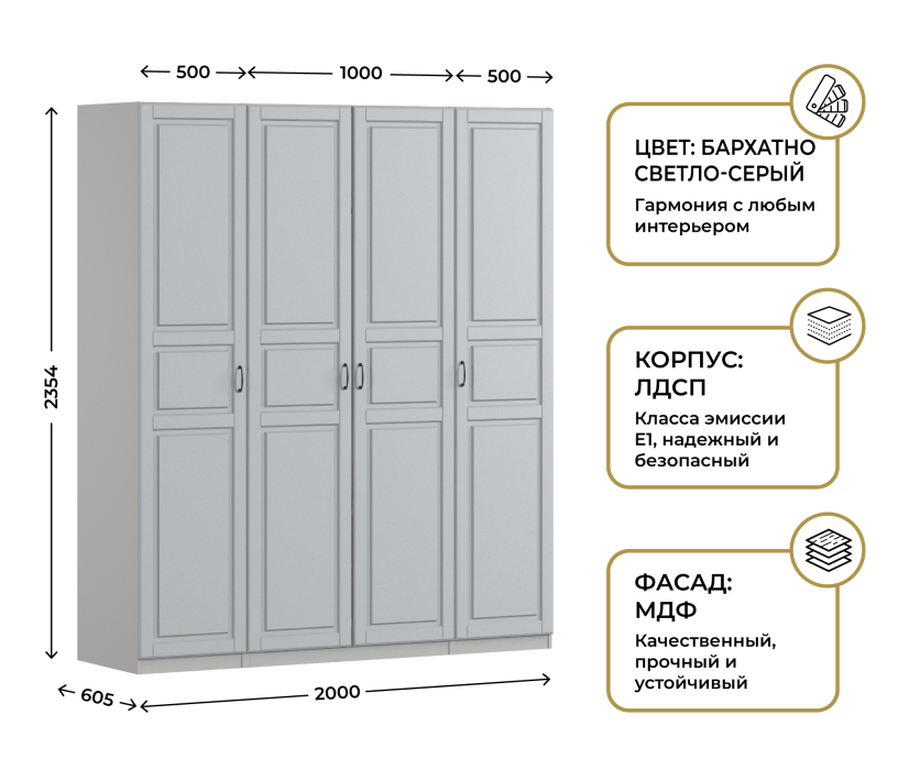 Для одежды, Шкаф четырехдверный Макс 2000 мм, вариант №3 (ЛДСП/МДФ)