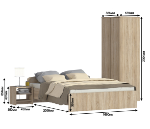 Кито Дуб сонома Комплект (тумба+кровать1600+шкаф)