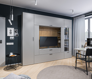 Стенка с пеналом и витриной Милан СБ-3265 Серый/МДФ Светло серый