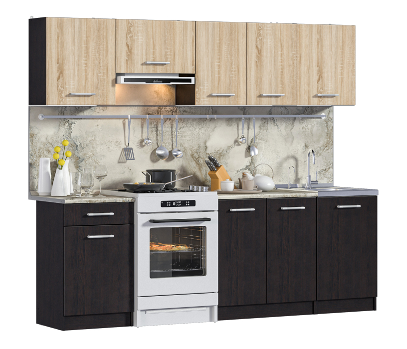 Кухонные гарнитуры, Кухонный гарнитур Виктория 2,4 м Кухня Венге/Дуб Сонома,Венге/БазальтR5 ПОД КЛЮЧ (полный комплект)