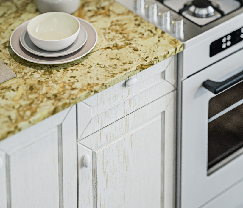 Кухонные гарнитуры, Кухонный гарнитур Катя-150 с витриной Авиньон/Ясень Золото/Мрамор золотой АркобаленоR5