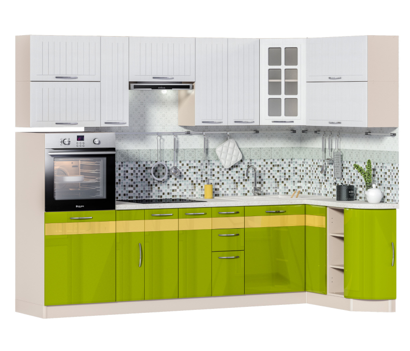 Кухонные гарнитуры, Регина Песочный/Оливковый Глянец22/Сандал/Сонора 2650*1500