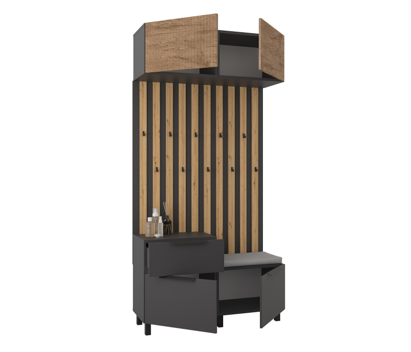 Прихожие, Прихожая Тренд с антресолью и рейками Диамант серый/МДФ Джаз Акация светлая