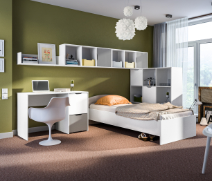 Mika / Мика детская Белый/Серый (кровать 900, стол, стеллаж, полки)