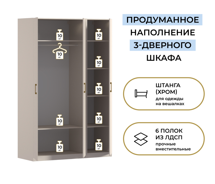 Для одежды, Шкаф трехдверный Макс 1500 мм, вариант №1 (ЛДСП)
