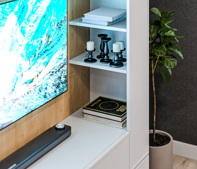 Стенки для гостиной, Стенка с пеналом и витриной Милан СБ-3265 Серый/МДФ Светло серый