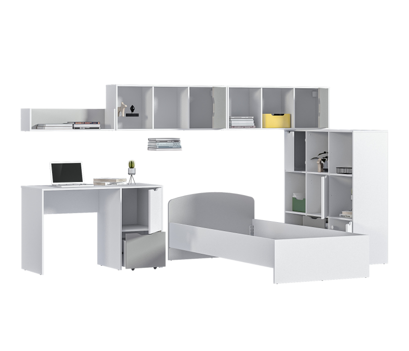 Mika / Мика, Mika / Мика детская Белый/Серый (кровать 900, стол, стеллаж, полки)