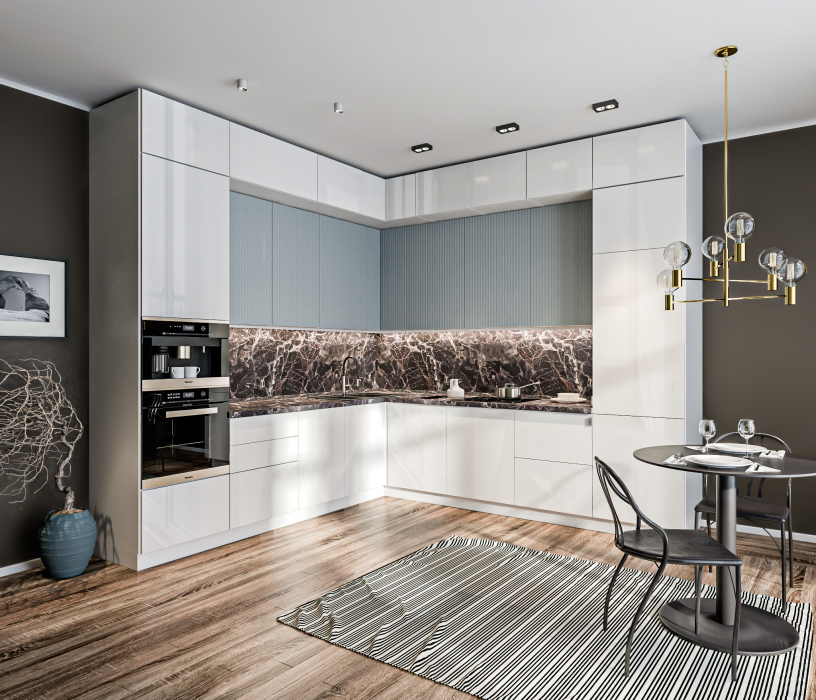 Кухонные гарнитуры, Кухонный гарнитур угловой Регина Белый / МДФ Анна Белый глянец/МДФ Джаз Светло-серый 2,7 м*3 м