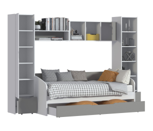 Mika / Мика детская Белый/Серый (пенал, стеллаж, полки, кровать с основанием и ящиком)
