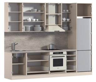 Кухонный гарнитур Регина Песочный / Сандал Белый, Голубой 2,9 м ПОД КЛЮЧ (полный комплект)