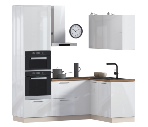 Кухонный гарнитур угловой Анна + Регина Песочный / Белый глянец 2,1 м*1,4 м