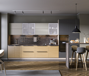 Кухня Регина песочный/Белла Дуб Винценца, Кашемир серый, черная сосна 4,2м