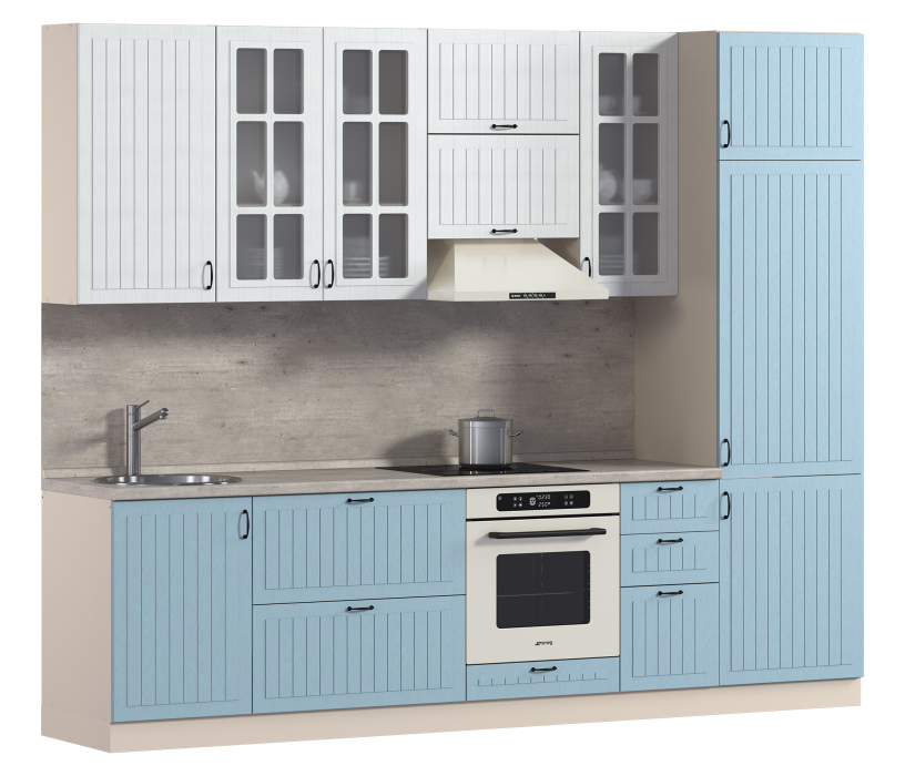 Кухонные гарнитуры, Кухонный гарнитур Регина Песочный / Сандал Белый, Голубой 2,9 м ПОД КЛЮЧ (полный комплект)