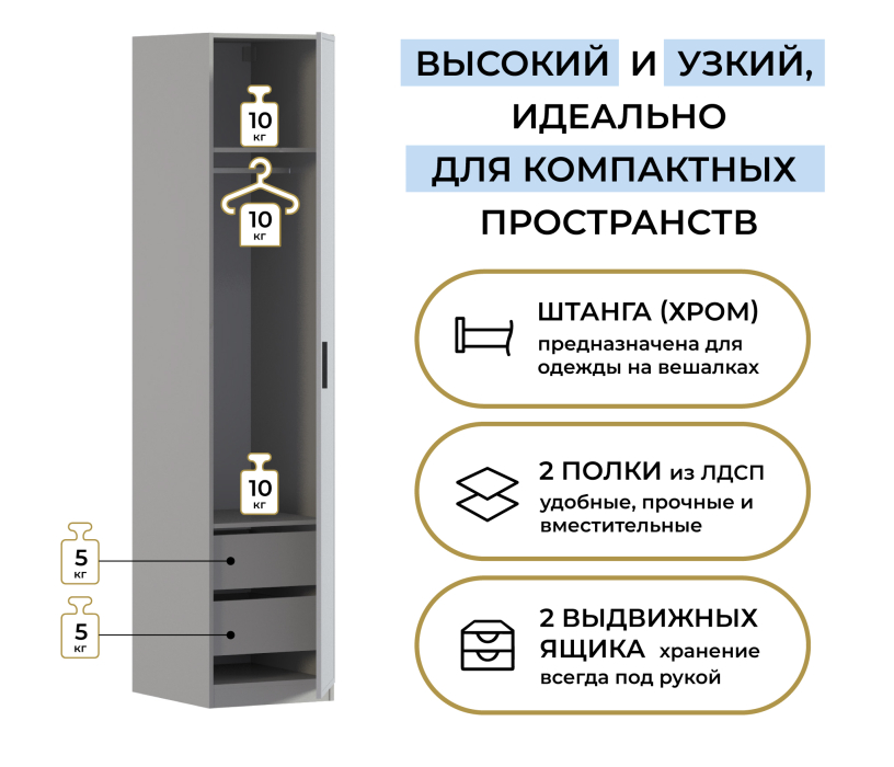 Для одежды, Шкаф однодверный Макс 500 мм, вариант №3 (ЛДСП/МДФ)