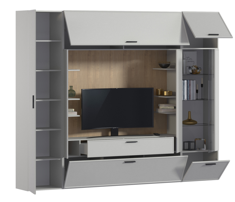 Стенки для гостиной, Стенка с пеналом и витриной Милан СБ-3265 Серый/МДФ Светло серый