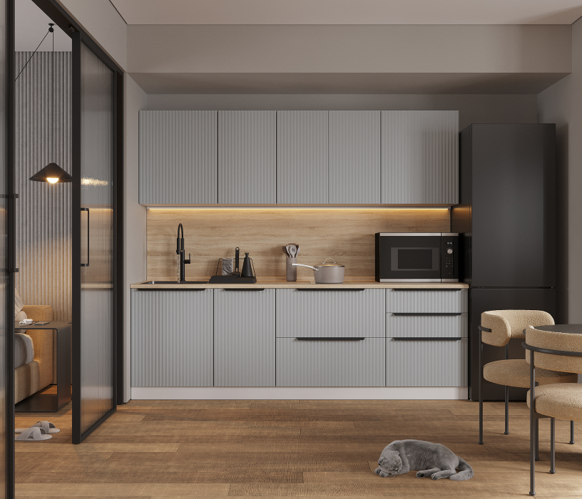 Кухонные гарнитуры, Кухонный гарнитур Регина Белый/МДФ Джаз Светло-серый 2,45 м