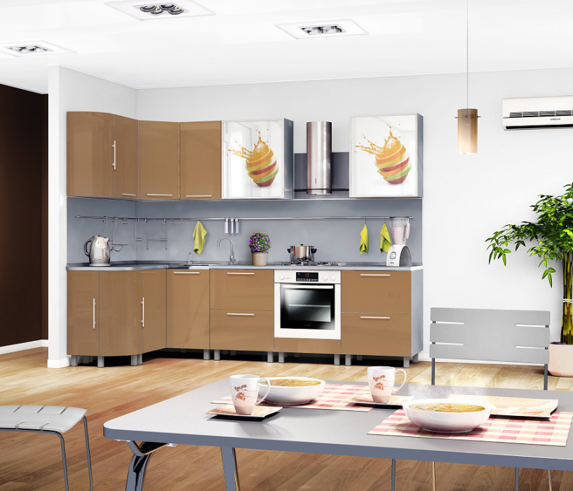 Лидеры продаж модульных кухонь, Анна 2850*1375 Алюминий/Капучино глянец/Фреш