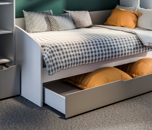 Mika / Мика детская Белый/Серый (пенал, стеллаж, полки, кровать с основанием и ящиком)