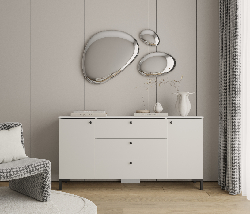 Комоды, Комод Тренд СБ-3443 3 ящика, 2 двери Белый/Белла Серый Перламутровый