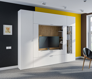 Мальта СБ-3265 Стенка с пеналом и витриной Белый,Дуб Гамильтон/МДФ Белый