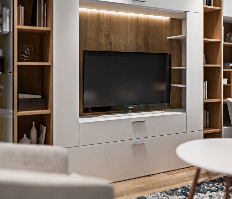 Стенки для гостиной, Мальта гостиная с рабочим столом Белый, Дуб Гамильтон/МДФ Белый