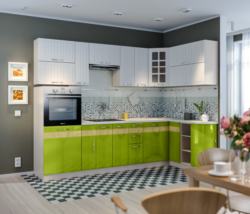 Кухонные гарнитуры, Регина Песочный/Оливковый Глянец22/Сандал/Сонора 2650*1500